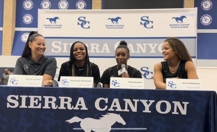 Sierra Canyon girls basketball (L-R) coach Alicia Komaki, Mackenly Randolph, Izela Arenas and Jerzy Robinson speaking at media day on November 1, 2023.